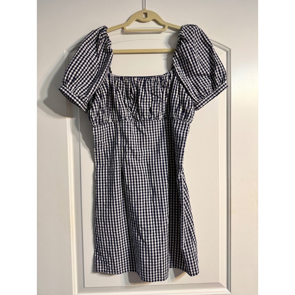 Forever That Girl Anthropologie Gingham Mini Dress Small Navy White Puff Sleeve
